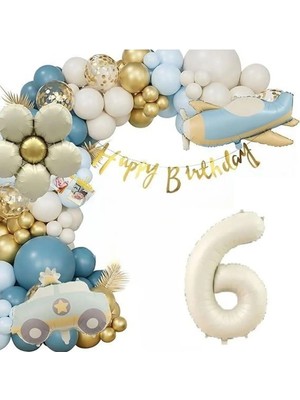 Bkmc Party Uçak Polis Arabası Papatya Folyolu Yaş Balonlu Doğum Günü Parti Seti Süsü