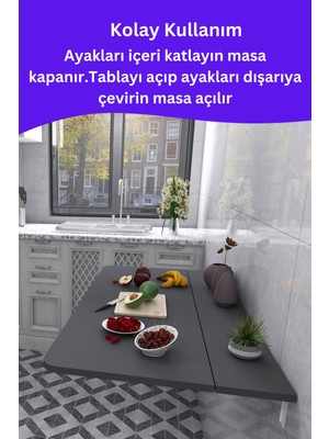 Kydonia Home Mdf Lam 4 Köşesi Oval Antrasit Gri Sabit Raflı Duvara Monte Kırma Katlanır Yemek Mutfak Masası