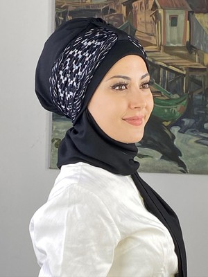 Siyah Siyah Beyaz Büzgülü Bone Şal