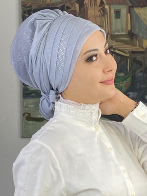 Gri Tasşlı  Büzgülü Bone Şal