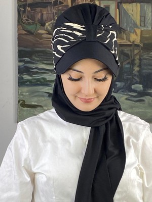 Siyah Siyah Zebra Biritli Atkılı Şapka