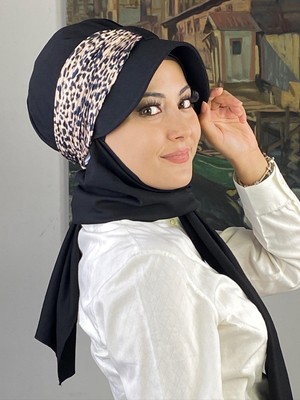 Siyah Lepopar Desenli Biritli Atkılı Şapka