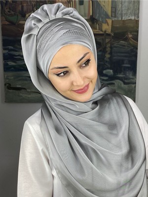 Butik AmbarButik Ambar Mihrimah Çapraz Drapeli Fransız Şifon Hazır Şal - Açık Gri