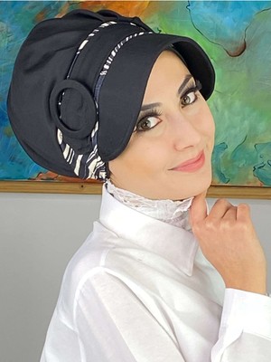 Butik AmbarNazlı Model Tokalı Iri Siyah Beyaz Zebra Desenli Tesettür Siyah Şapka