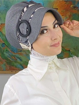 Butik AmbarNazlı Model Tokalı Siyah Krem Çizgili Zebra Desen Tesettür Koyu Gri Şapka