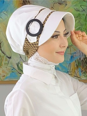 Butik AmbarNazlı Model Tokalı Başak Desenli Tesettür Beyaz Şapka