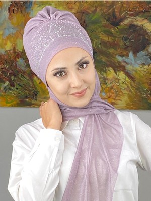Butik AmbarVintage Model Taşlı Abiye Atkılı Bone Şal - Lila - Butik Ambar