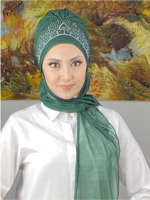 Butik AmbarVintage Model Taşlı Abiye Atkılı Bone Şal - Zümrüt Yeşili - Butik Ambar