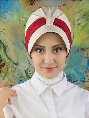 Butik AmbarCırtcırtlı Kırmızı Simli Şifon Fularlı Şapka