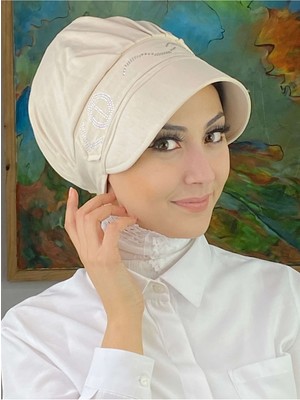 Butik AmbarToka Desenli Taşlı Ekru Şapka