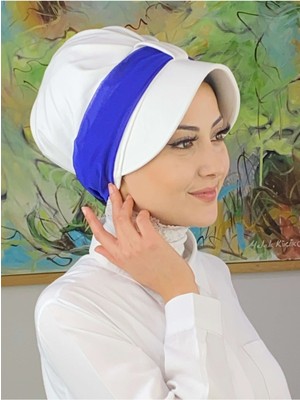 Butik AmbarCırtcırtlı Saks Mavisi Fransız Şifon Fularlı Beyaz Şapka