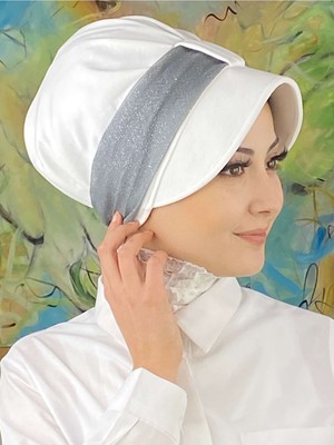 Butik AmbarCırtcırtlı Açık Gri Simli Şifon Fularlı Beyaz Şapka