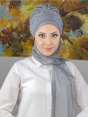 Butik AmbarGüneş Model Taşlı Abiye Atkılı Bone Şal - Gri - Butik Ambar