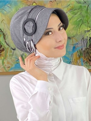 Butik AmbarNazlı Model Tokalı Gri Ince Çizgili Tesettür Şapka