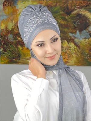 Butik AmbarKristal Taç Model Taşlı Abiye Atkılı Bone Şal - Gri - Butik Ambar