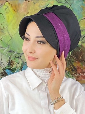Butik AmbarCırtcırtlı Fuşya Simli Şifon Fularlı Şapka