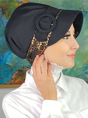 Butik AmbarNazlı Model Tokalı Parlak Bakır Leoparlı Tesettür Siyah Şapka