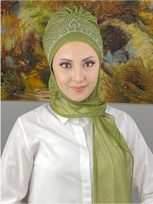 Butik AmbarVintage Model Taşlı Abiye Atkılı Bone Şal -Açık Yağ Yeşili- Butik Ambar