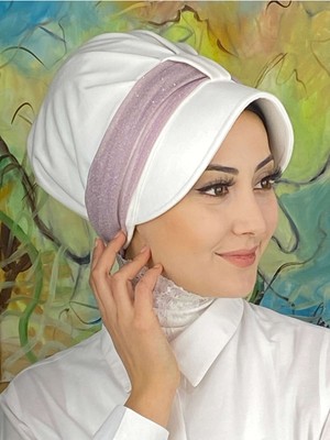 Butik AmbarCırtcırtlı Açık Lila Simli Şifon Fularlı Beyaz Şapka