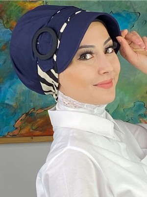 Butik AmbarNazlı Model Tokalı Iri Krem Zebra Desenli Tesettür Şapka