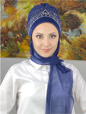 Butik AmbarVintage Model Taşlı Abiye Atkılı Bone Şal -Lacivert - Butik Ambar
