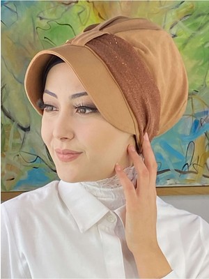 Butik AmbarCırtcırtlı Sütlü Kahve Simli Şifon Fularlı Şapka