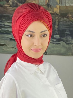 Butik AmbarAltın Taşlı Drape Detaylı Simli Şal