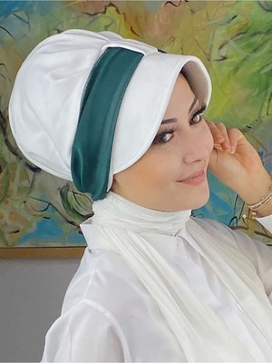 Butik AmbarCırtcırtlı Nefti Yeşil Fransız Şifon Fularlı Beyaz Şapka