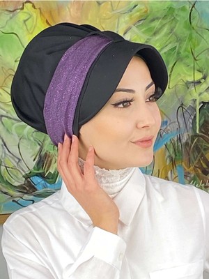 Butik AmbarCırtcırtlı Leylak Rengi Simli Şifon Fularlı Şapka