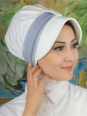 Butik AmbarCırtcırtlı Açık Gri Simli Şifon Fularlı Beyaz Şapka