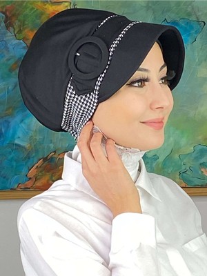 Butik AmbarNazlı Model Tokalı Iri Siyah Krem Kazayaklı Tesettür Siyah Şapka