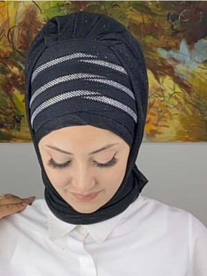 Butik AmbarMihrimah Çapraz Drapeli Simli Şifon Hazır Şal - Siyah - Butik Ambar