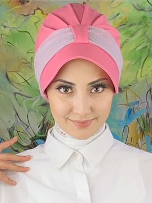 Butik Ambar Cırtcırtlı Açık Lila Simli Şifon Fularlı Şapka