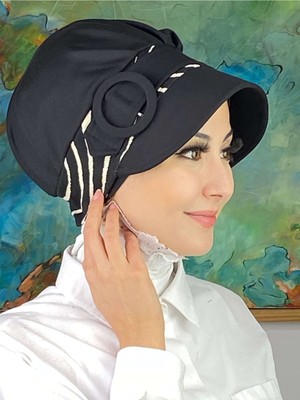 Butik AmbarNazlı Model Tokalı Zebra Desenli Tesettür Siyah Şapka