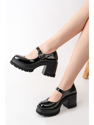 Tek Baletli Siyah Rugan Topuklu  8 cm Loafer Ayakkabı