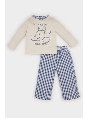 DeFacto Erkek Bebek Pijama Takımı Ayı Baskılı Uzun Kollu Üst Kareli Dokuma Alt D5362A524WN