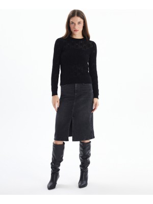 Cannes - Yırtmaçlı Yüksek Bel Midi Boy Denim Etek - Antrasit Renk