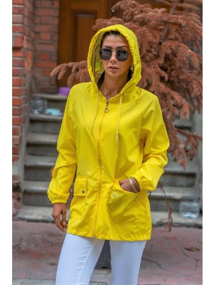 Markano Sarı Yıldız Kapüşonlu Cepli Ince Yağmurluk