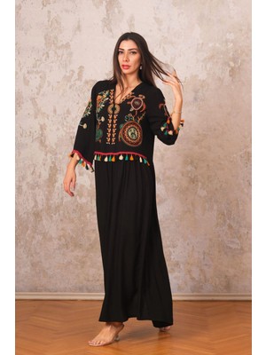 Markano Siyah V Yaka Önü ve Kolları Otantik Nakışlı Püsküllü Uzun Elbise