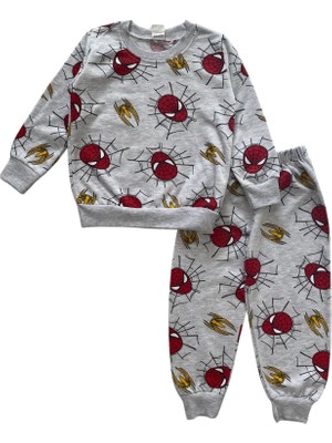 Şeker Kids Erkek Çocuk Pamuklu 2 Iplik Şardonlu Gri-Kırmızı Örümcek Desen Pijama Takımı