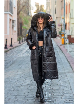 Markano Siyah Kapüşonu Kürklü kolları Kürklü Büyük Beden Uzun Şişme Kaban