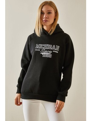 Unisex Siyah Yazı Detaylı Şardonlu Kapüşonlü Sweatshirt