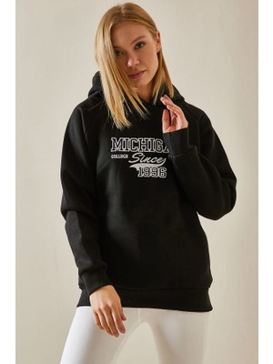 Unisex Siyah Yazı Detaylı Şardonlu Kapüşonlü Sweatshirt