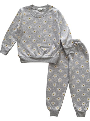 Şeker Kids Kız Çocuk Pamuklu 2 Iplik Şardonlu Gri Papatya Desen Pijama Takımı