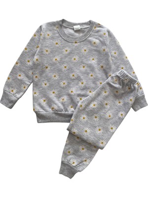 Şeker Kids Kız Çocuk Pamuklu 2 Iplik Şardonlu Gri Papatya Desen Pijama Takımı