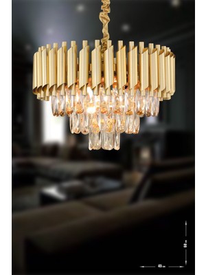 Woodhub Palmira 45'lik Prizma Kesim Kristal Taşlı Lüks Avize - (Sarı-Yaldız)