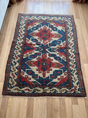 Designev 133x181 Cm El Dokuma Kırmızı Ve Mavi Dekoratif Boho Stili Geometrik Desenli Anadolu Kilim