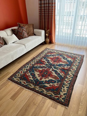 Designev 133x181 Cm El Dokuma Kırmızı Ve Mavi Dekoratif Boho Stili Geometrik Desenli Anadolu Kilim