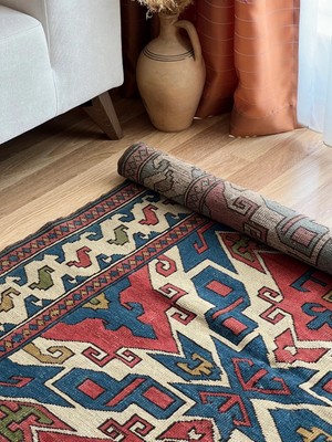 Designev 133x181 Cm El Dokuma Kırmızı Ve Mavi Dekoratif Boho Stili Geometrik Desenli Anadolu Kilim