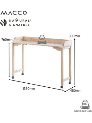 Macco Mobilya Natural Signature By Macco - Tekerlekli Yüksek Çalışma Masası (Ergonomik ve Masif Kauçuk Ağacı)